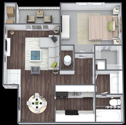 Floor plan for 1 bed, 1 bath, 733 sqft